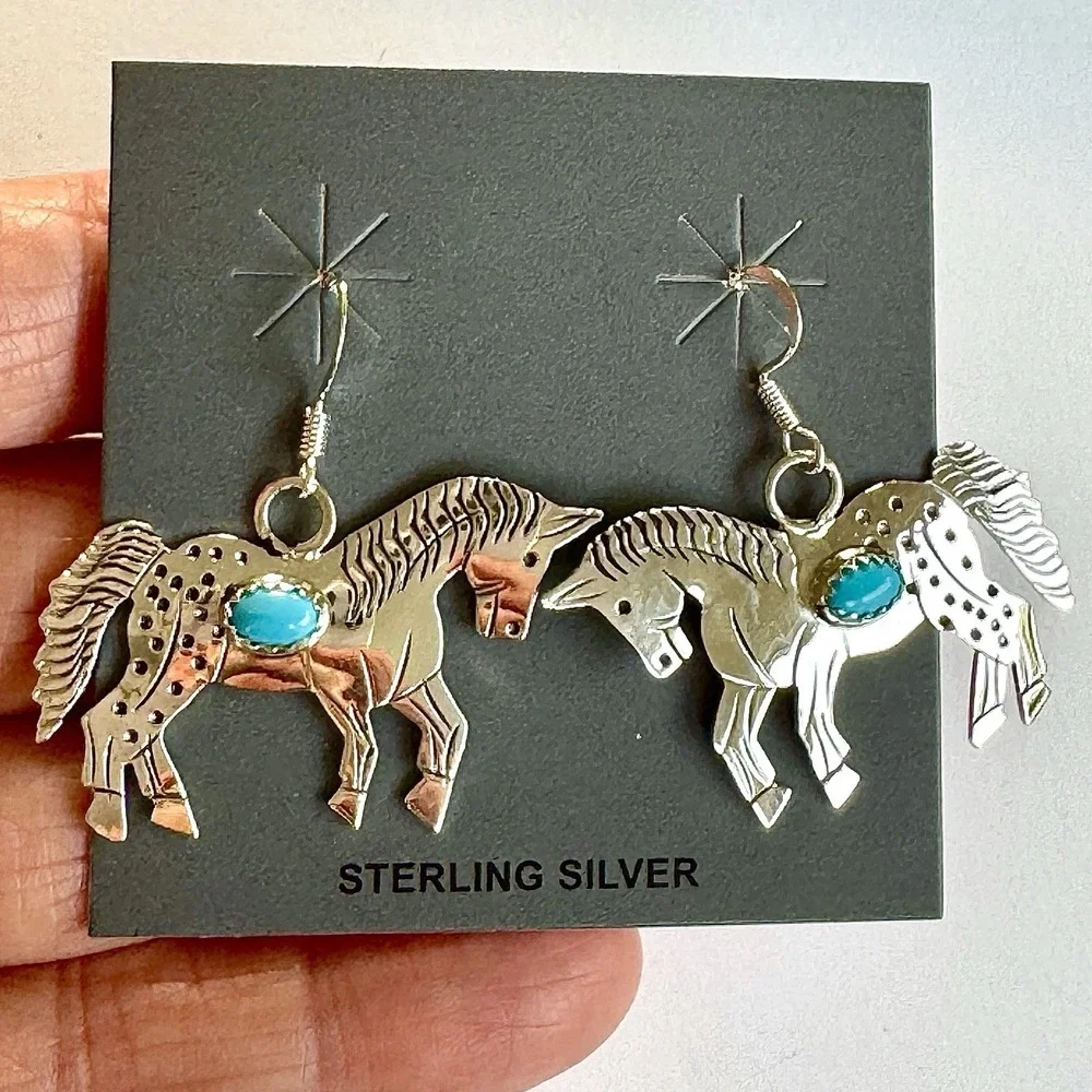 Running Horse Turquoise Navajo‎ Earrings 1.5in Sterling Signed L Yazzie Handmade